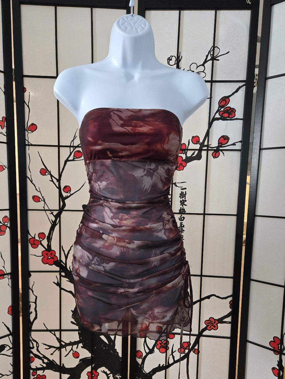 Strapless Burgundy Marble Ruched Mini Dress
